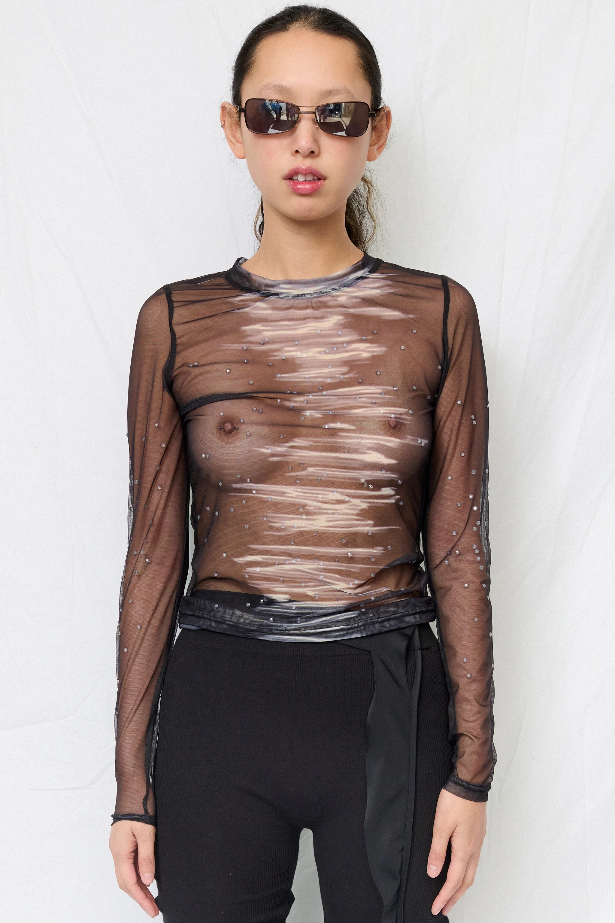 Black Betta Mesh Crewneck Top
