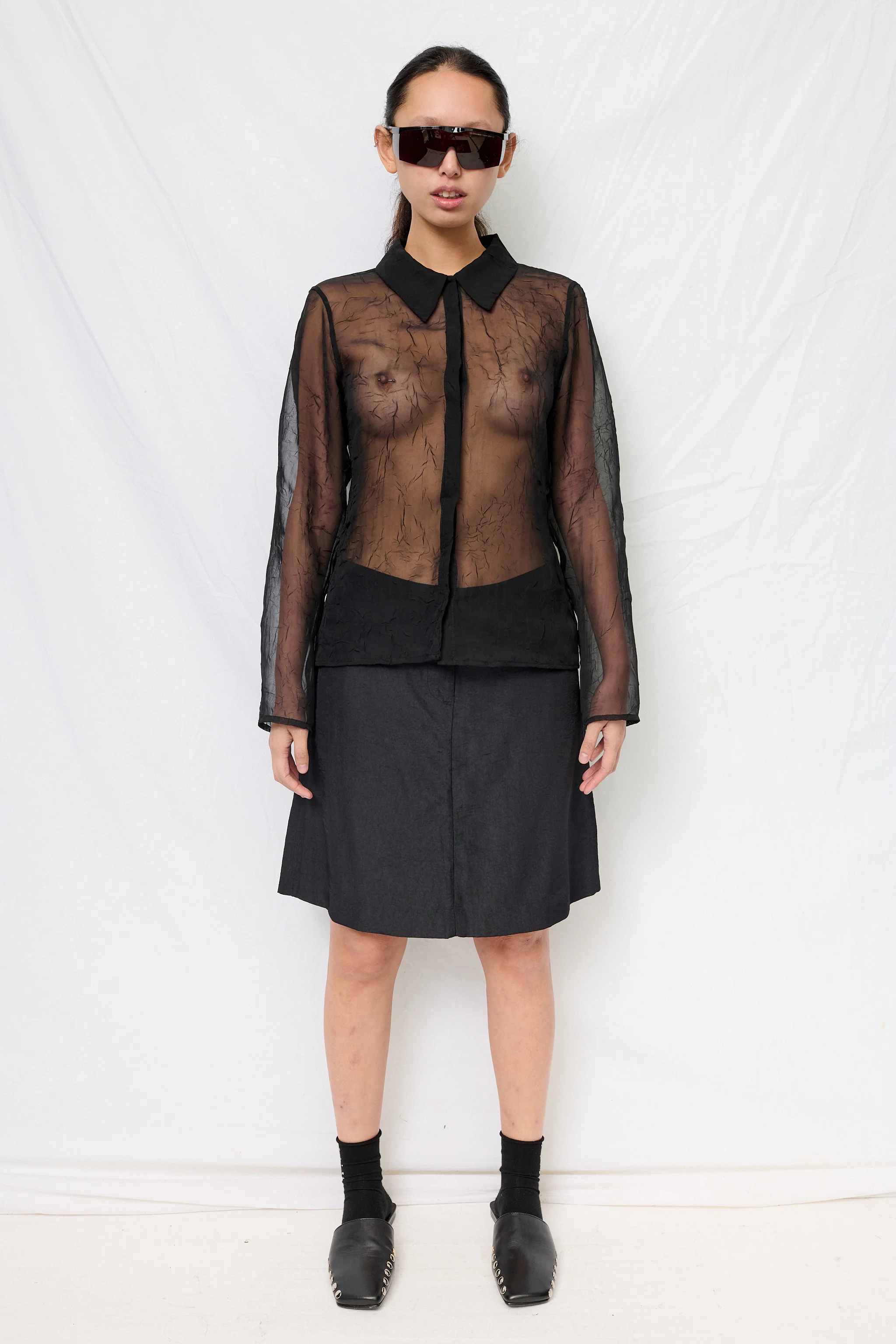 Black Crinkle Chiffon Fitted Button Up - Image 2