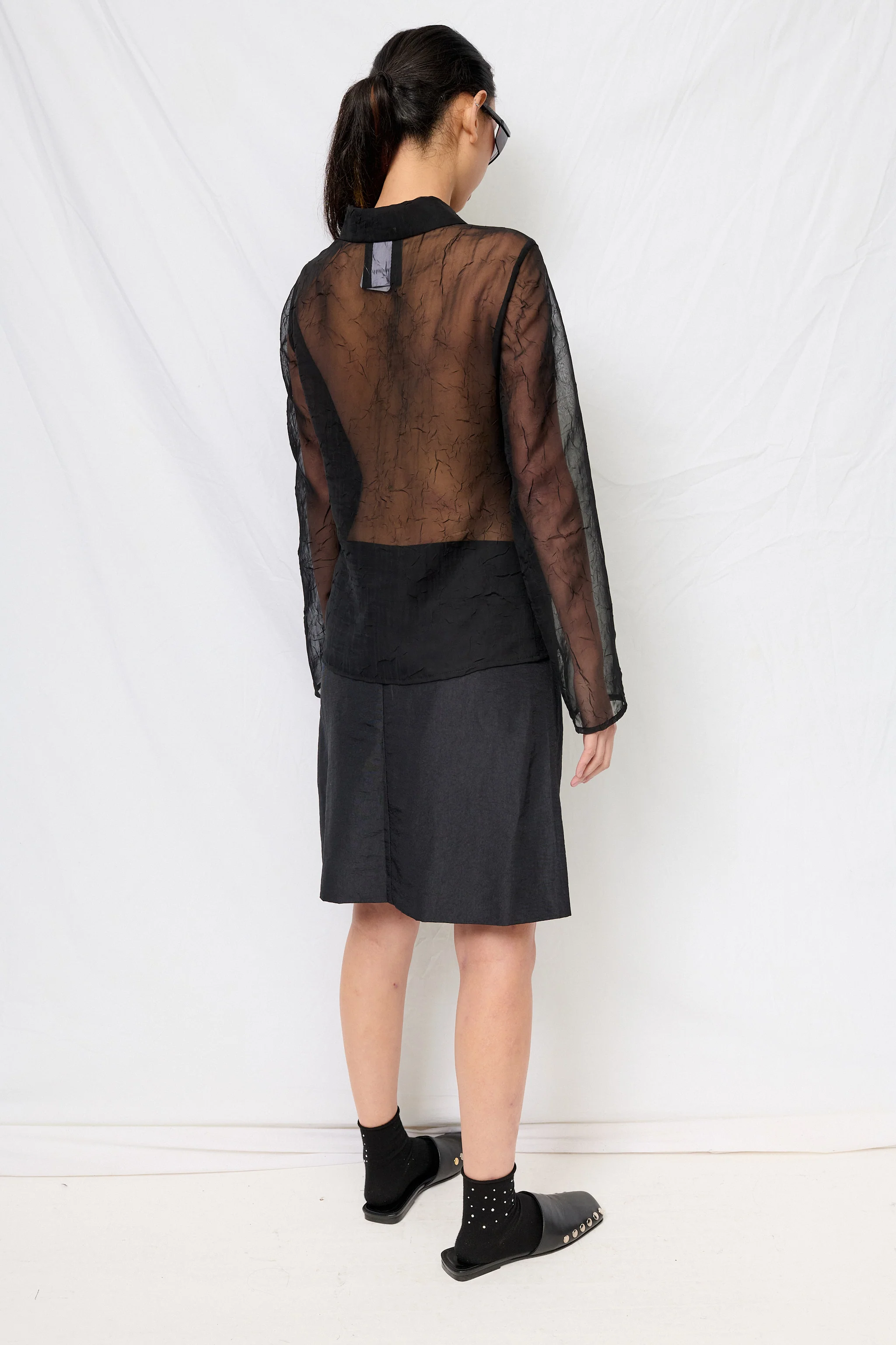 Black Crinkle Chiffon Fitted Button Up - Image 4
