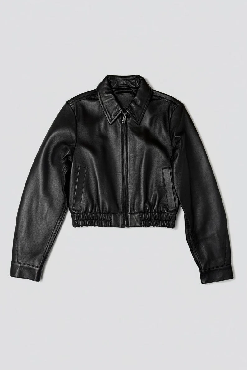 Black Leather Shrunken Zip Jacket