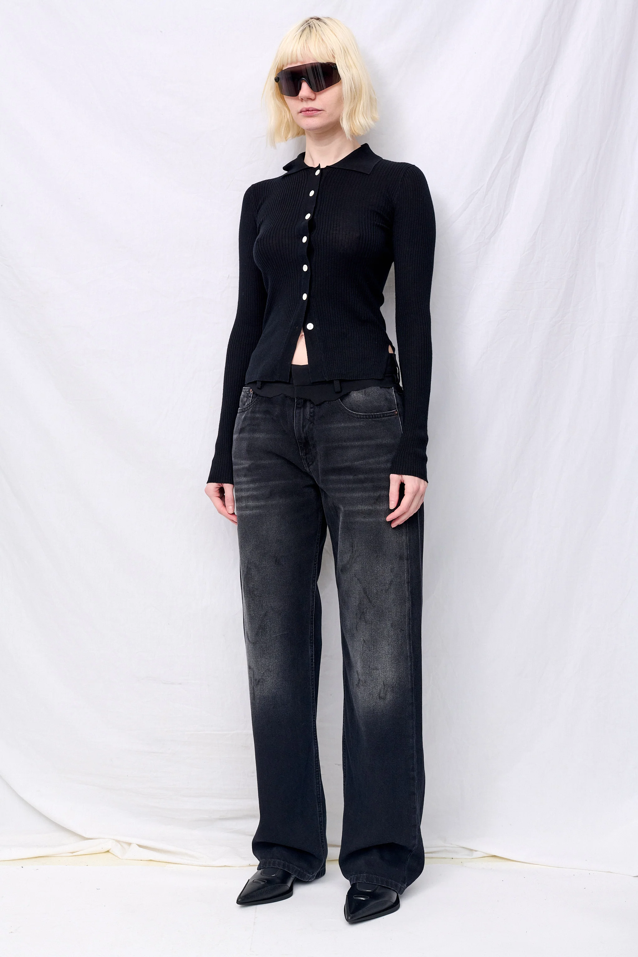 Black Silk Cashmere Ribbed Shirt Cardigan - Image 4