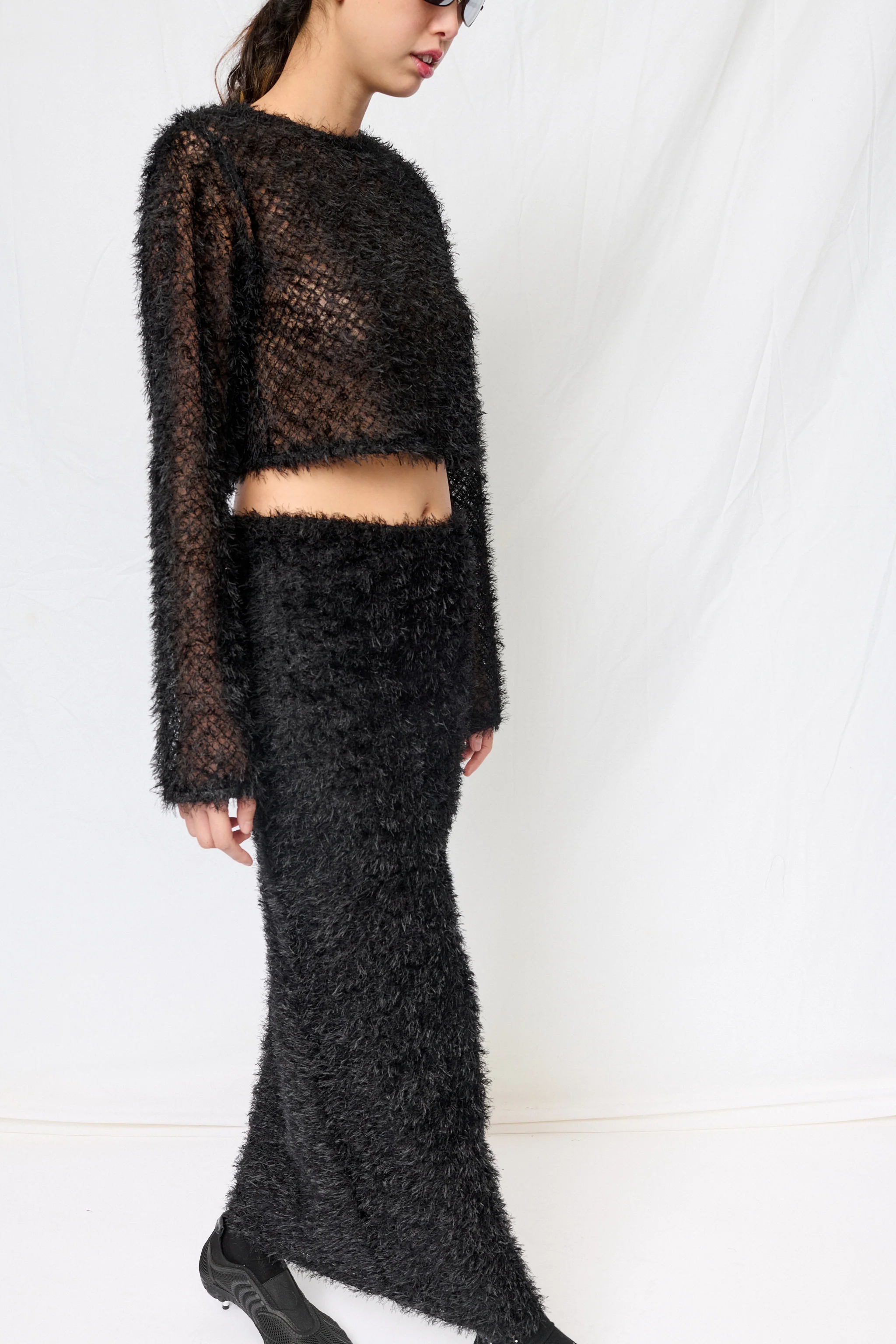 Black Feather Crop Long Sleeve Top - Image 5