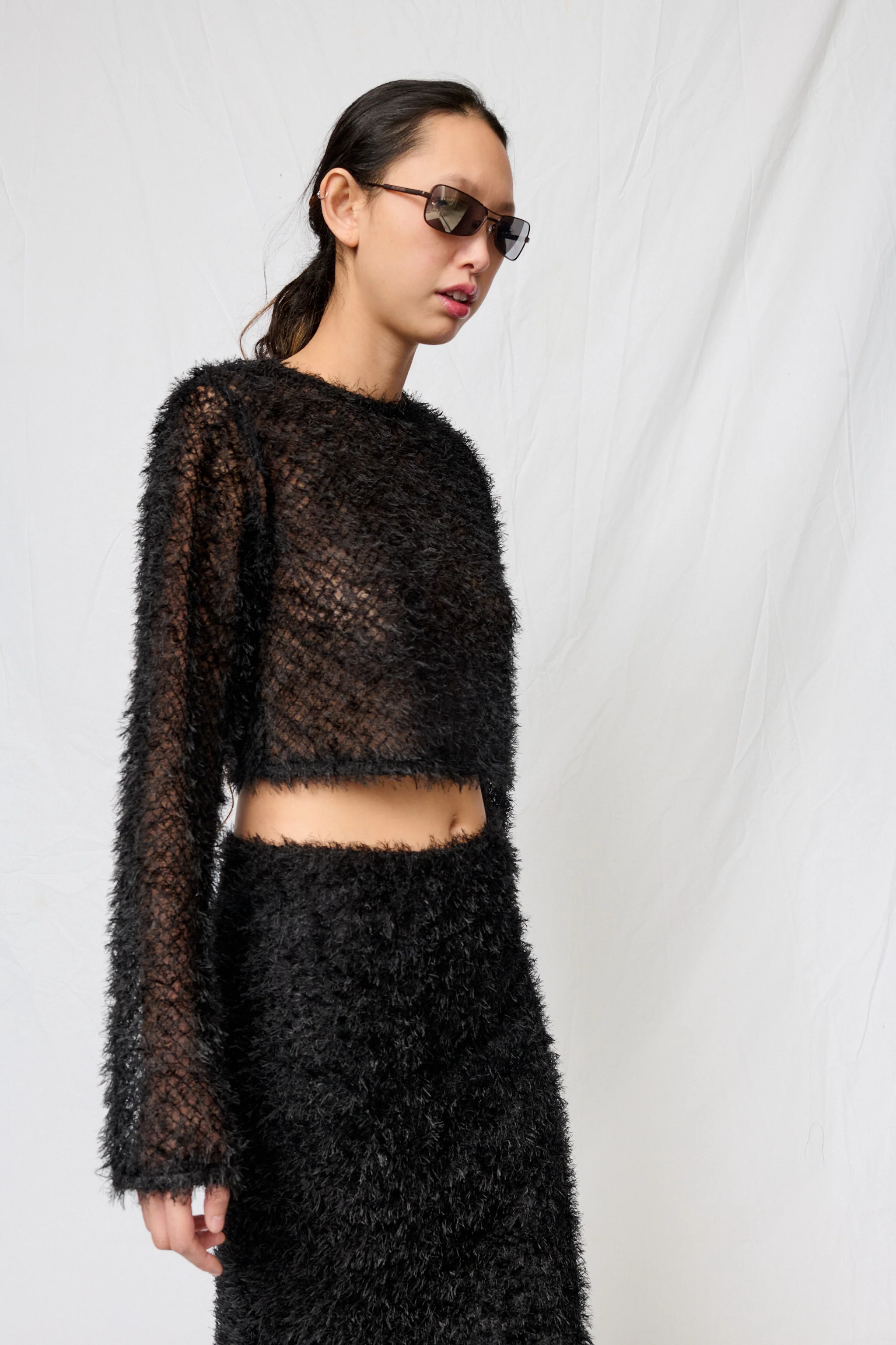 Black Feather Crop Long Sleeve Top - Image 6