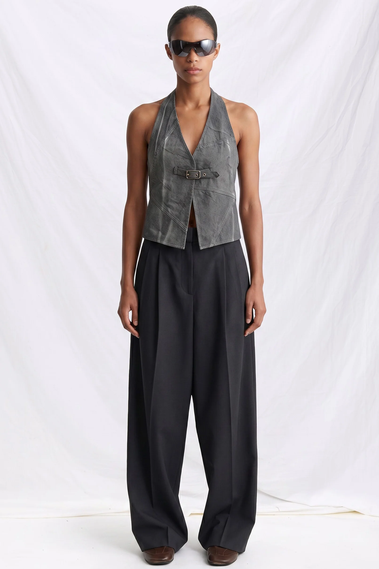 Black Grey Wash Denim Belted Vest - Image 2