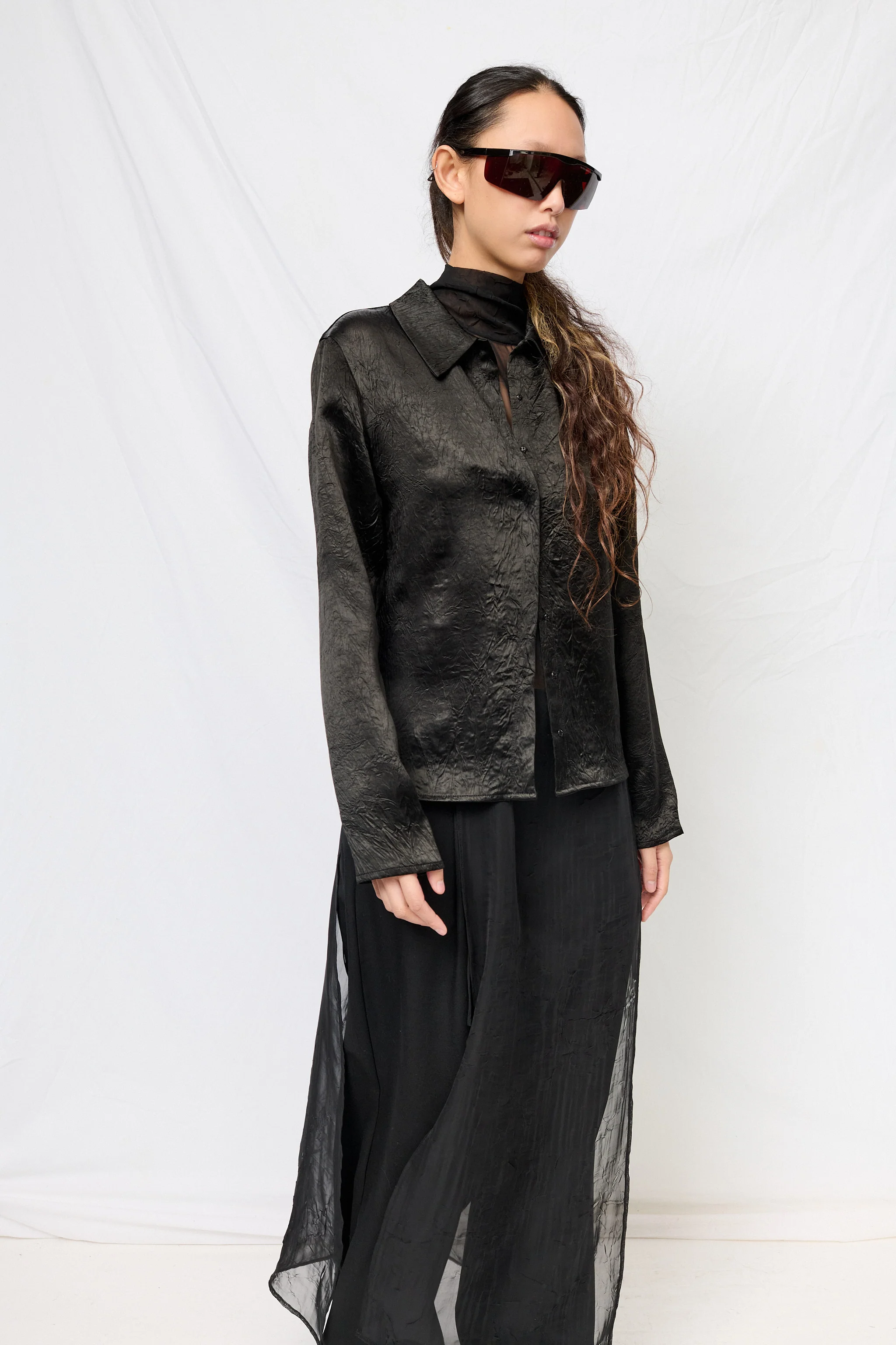 Black Wrinkled Acetate Fitted Button Up - Image 2