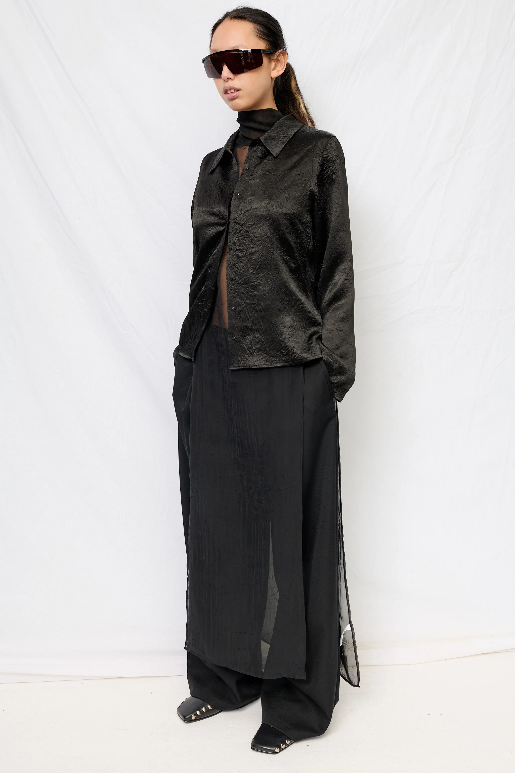Black Wrinkled Acetate Fitted Button Up - Image 3
