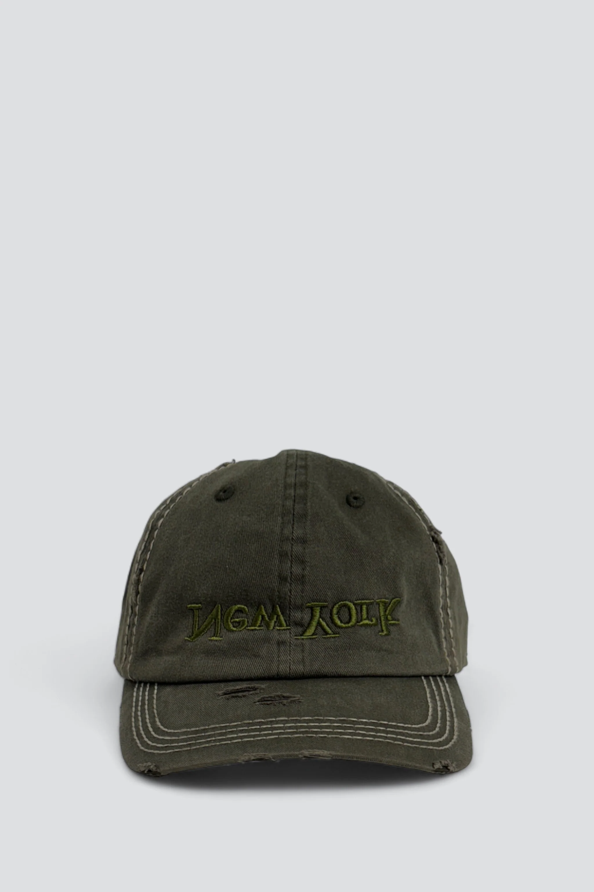 Distressed New York Embroidered Contrast Stitch Hat - Olive