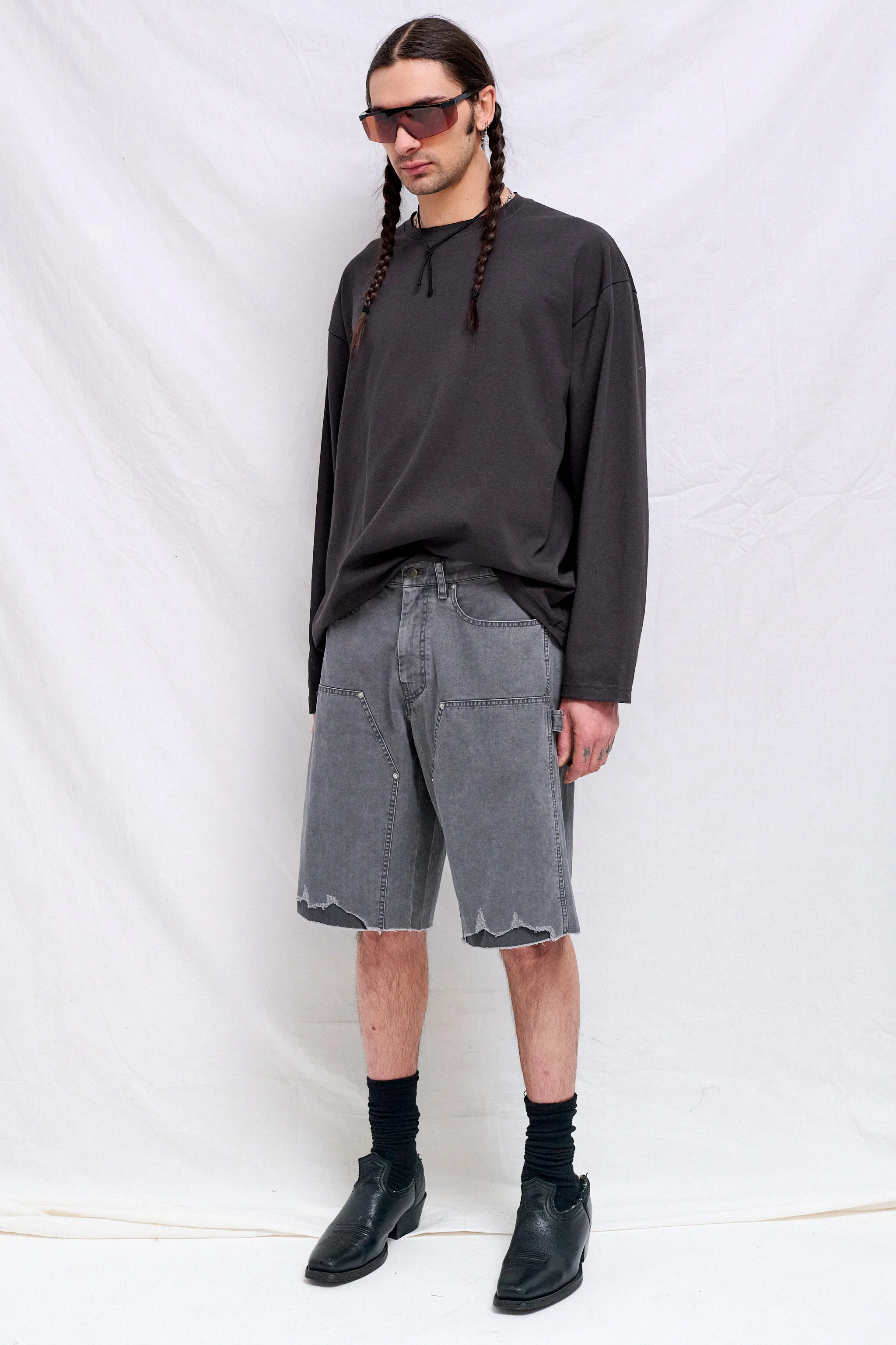 Faded Carbon Hand Distressed HBT Double Knee Shorts - Image 3