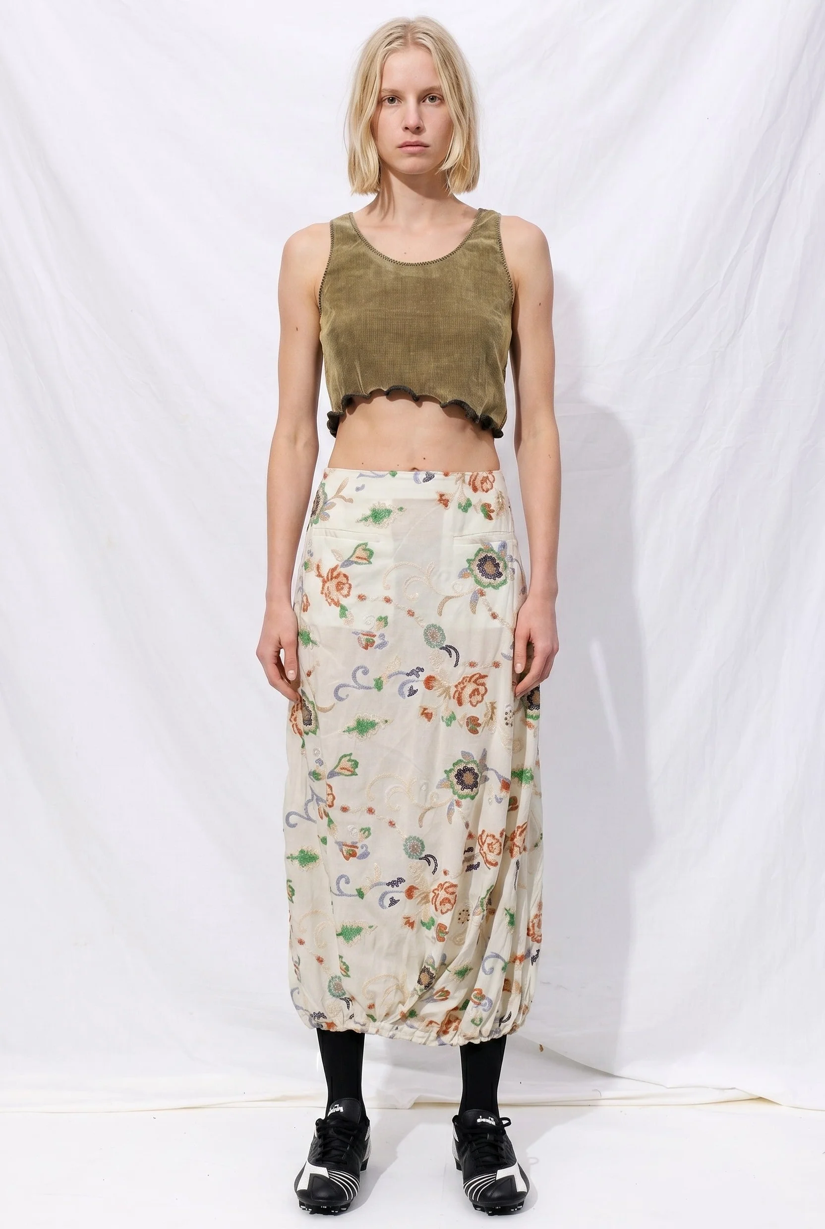 Floral Sequin Embellished Tencel Pintuck Skirt