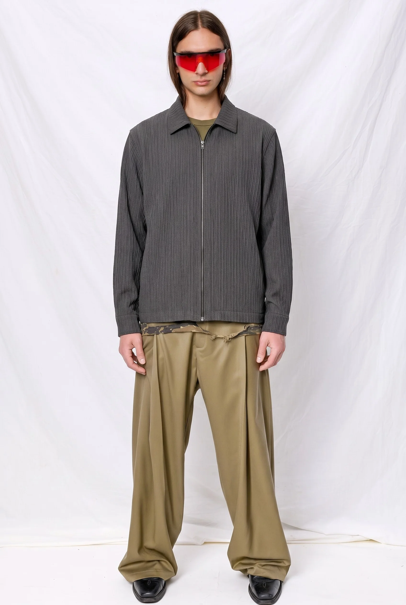 Grey Long Sleeve Zip Camp Shirt
