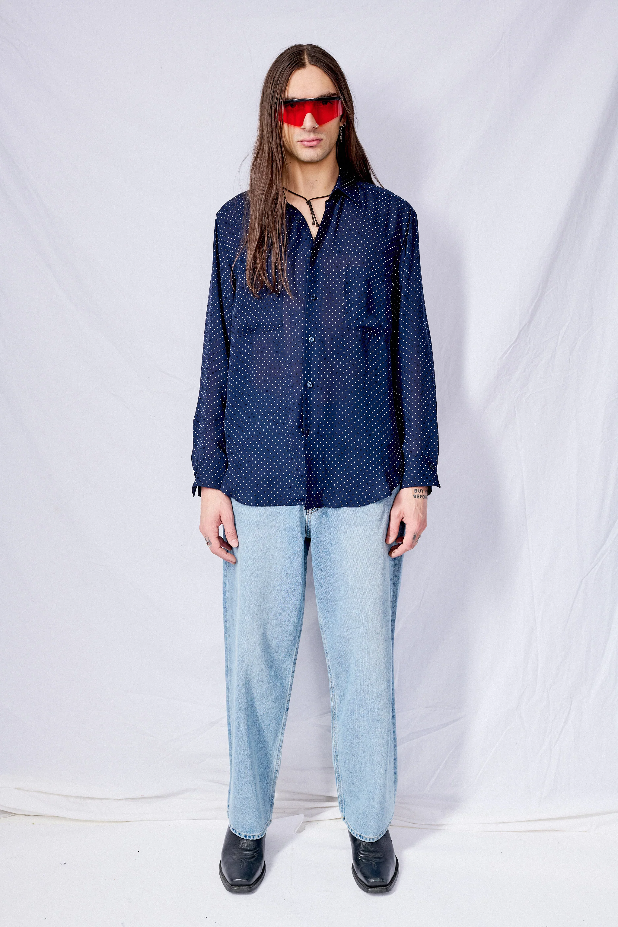 Navy Blue Polka Dot Rayon Dress Shirt - Image 2