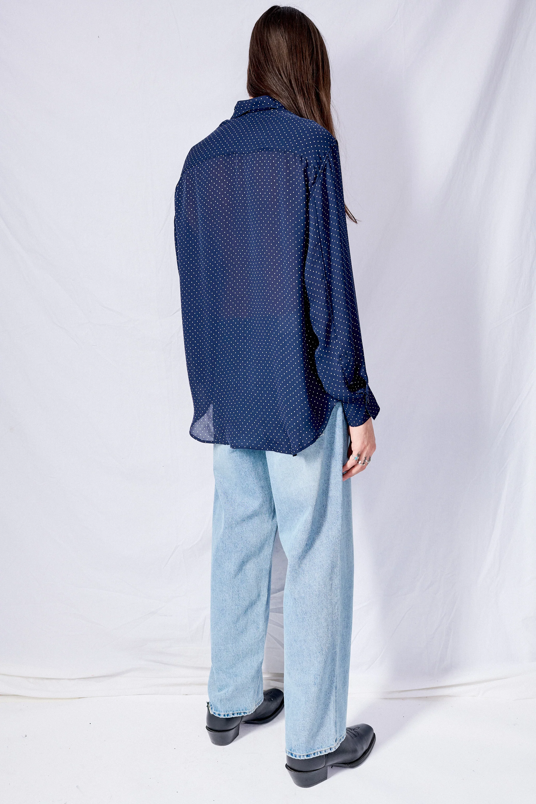 Navy Blue Polka Dot Rayon Dress Shirt - Image 4