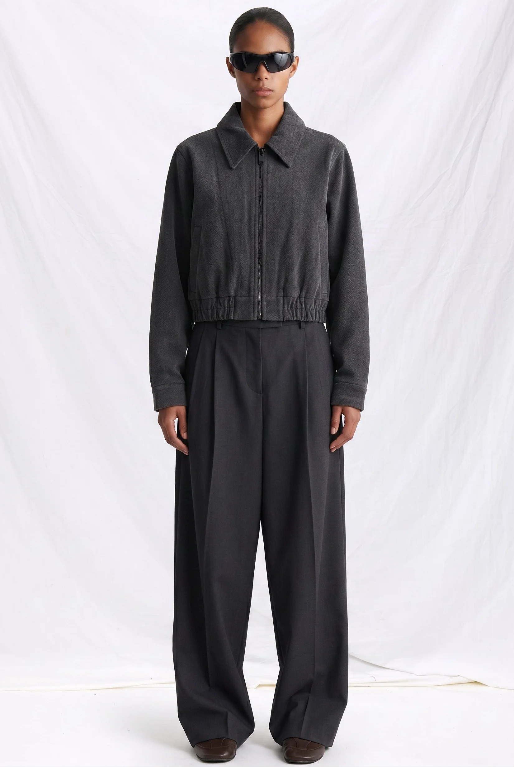 Black Grey Wash Denim Shrunken Zip Jacket - Image 2