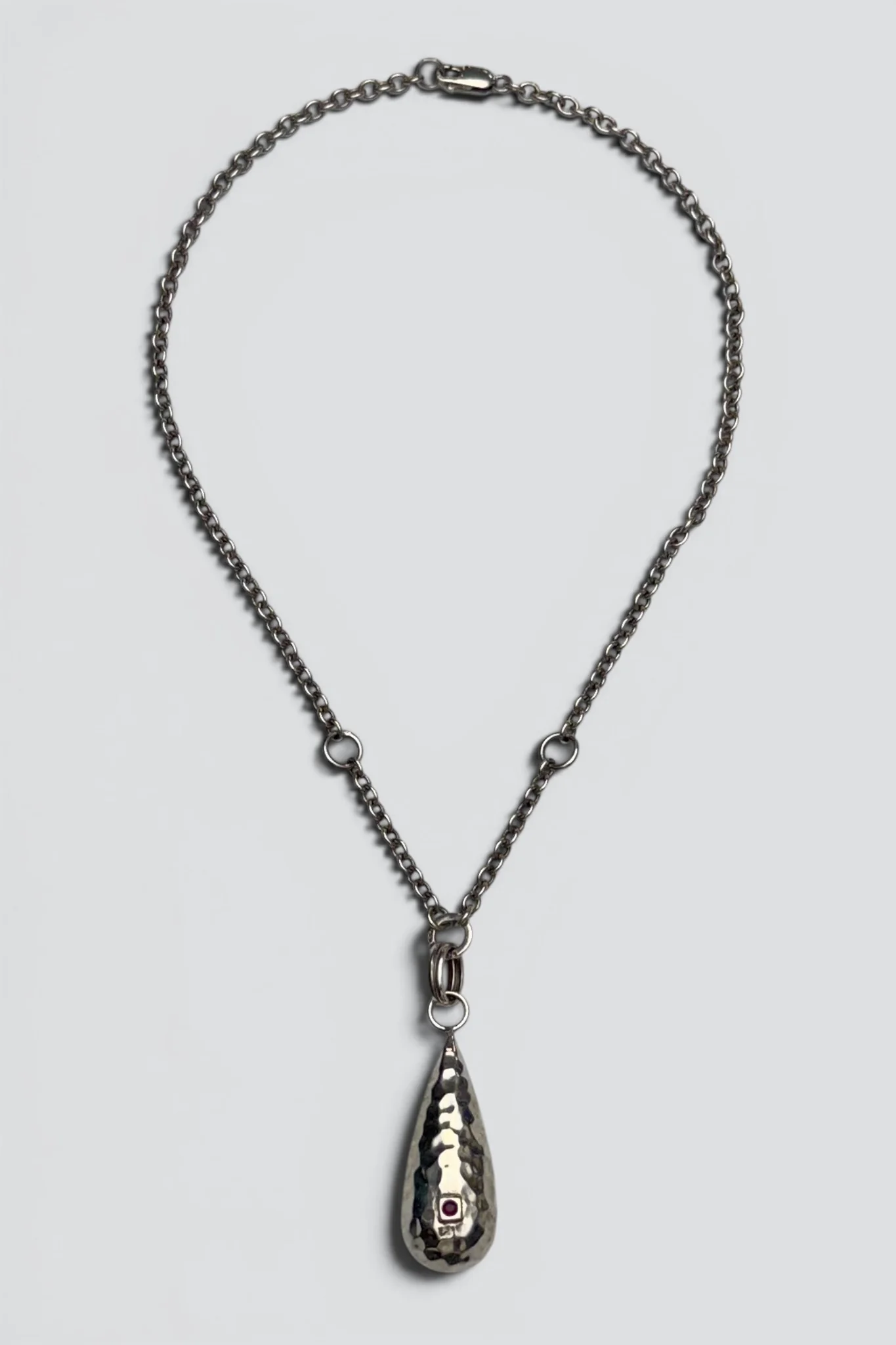 Sterling Silver Garnet Hammered Teardrop Pendant Necklace